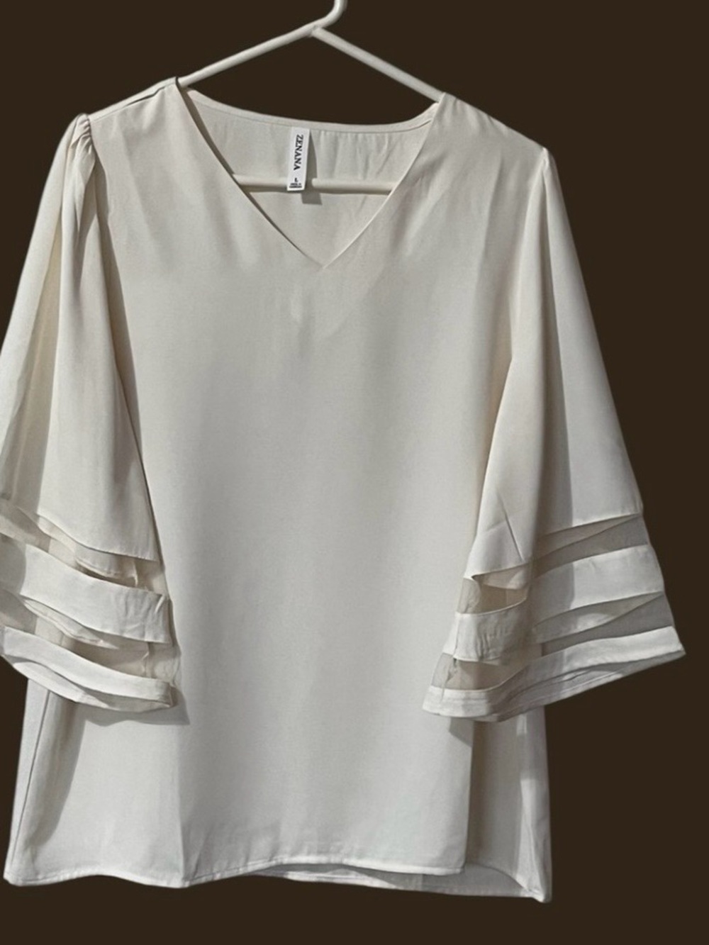 Zenana Cream Flowy Bell Sleeve Mesh Blouse Size L Quiet Luxury Soft Feminine - Picture 2 of 12
